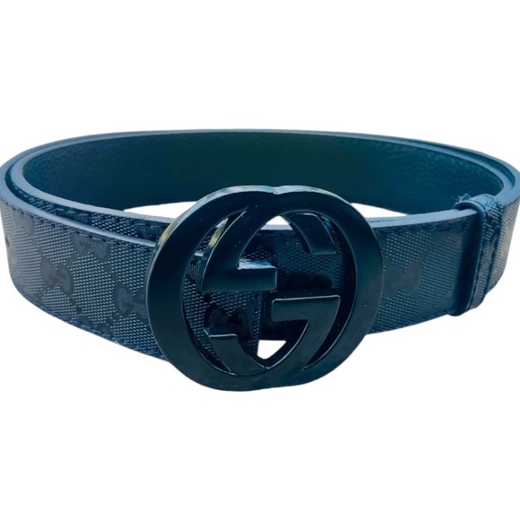 AUTHENTIC Gucci Black Imprime Monogram Leather Interlocking Belt 114984 AA61N